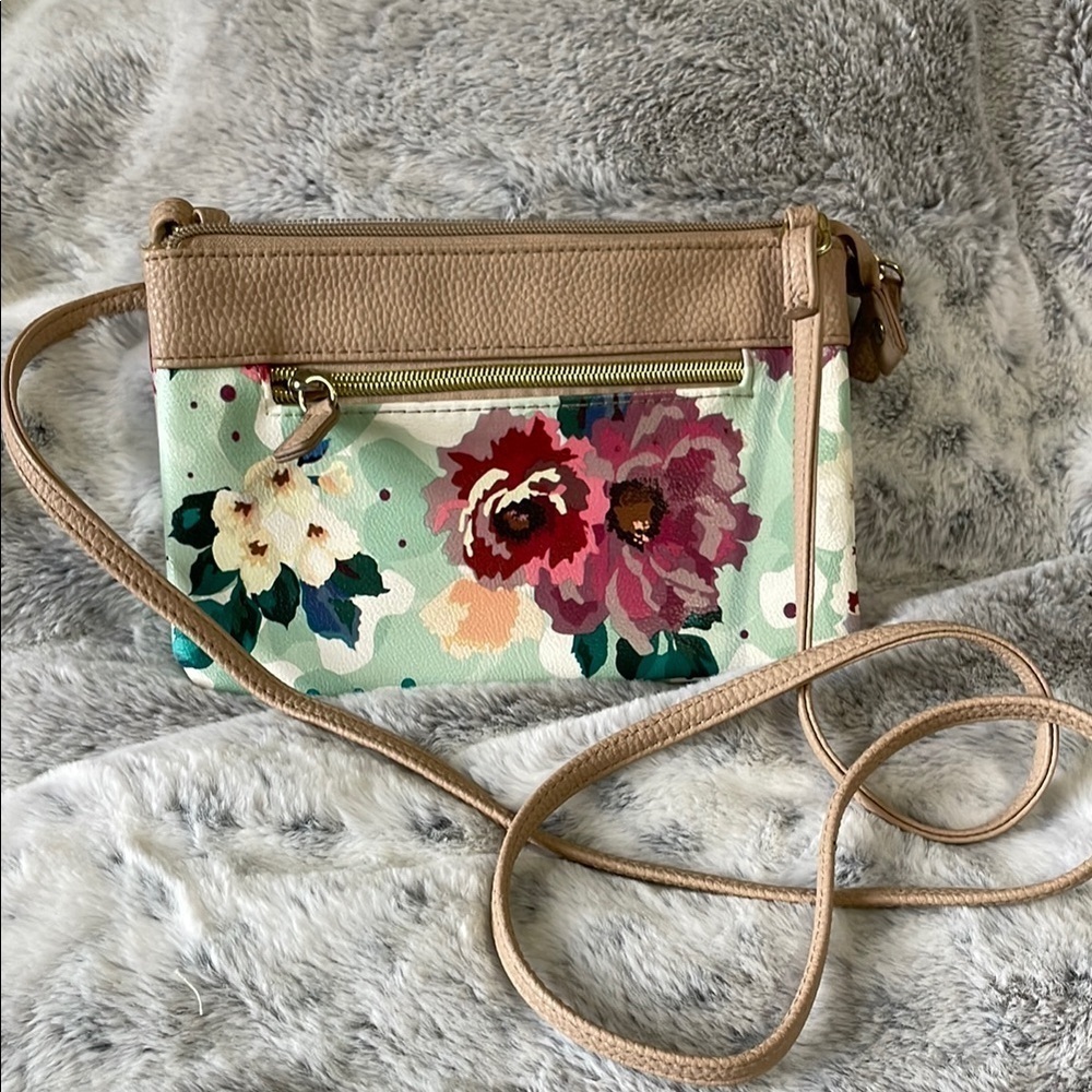 Tan & Green Floral Mini Bag with Adjustable Crossbody Strap